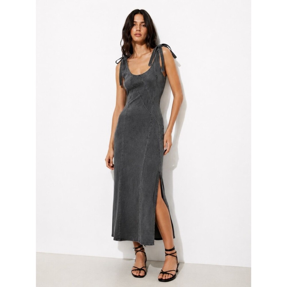 Baevely NEW Faded Black Denim Trapeze Maxi Dress Whimsygoth Grunge Size M Y2K